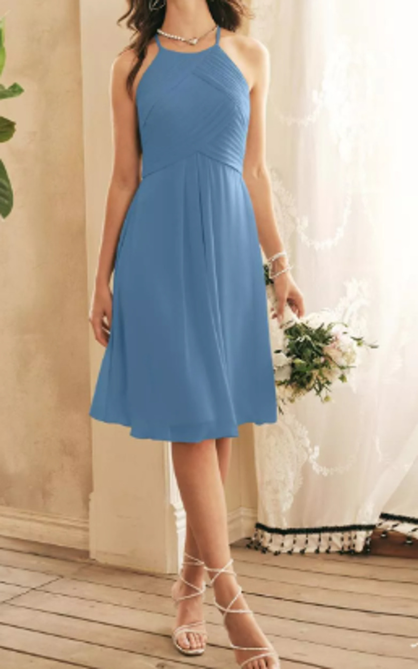 AW BRIDAL 2 XS dusty blue chiffon Becky formal party halter knee dress NEW B20